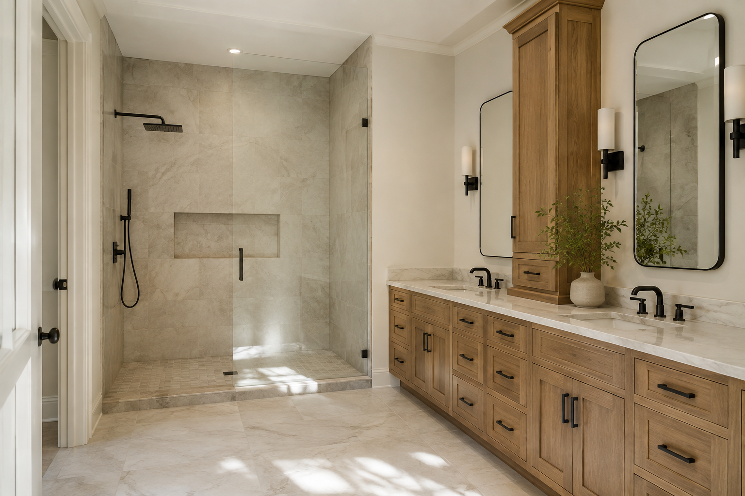 Bathroom remodeling design inspiration with a tiled shower and wood vanity